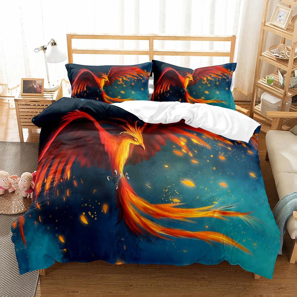 Phoenix Duvet Cover Set King Queen Size for Kids Boy Girls Bedding Set Yellow Animals Pattern Polyester Quilt Cover with Zipper