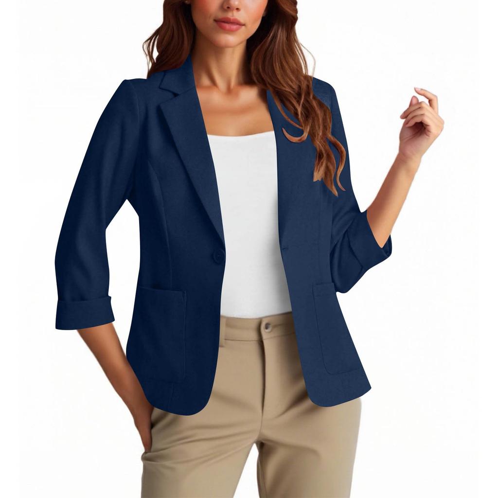 Womens Casual 3/4 Sleeve Blazers Open Front Solid Color Lapel Collar Work Business Suit Jackets