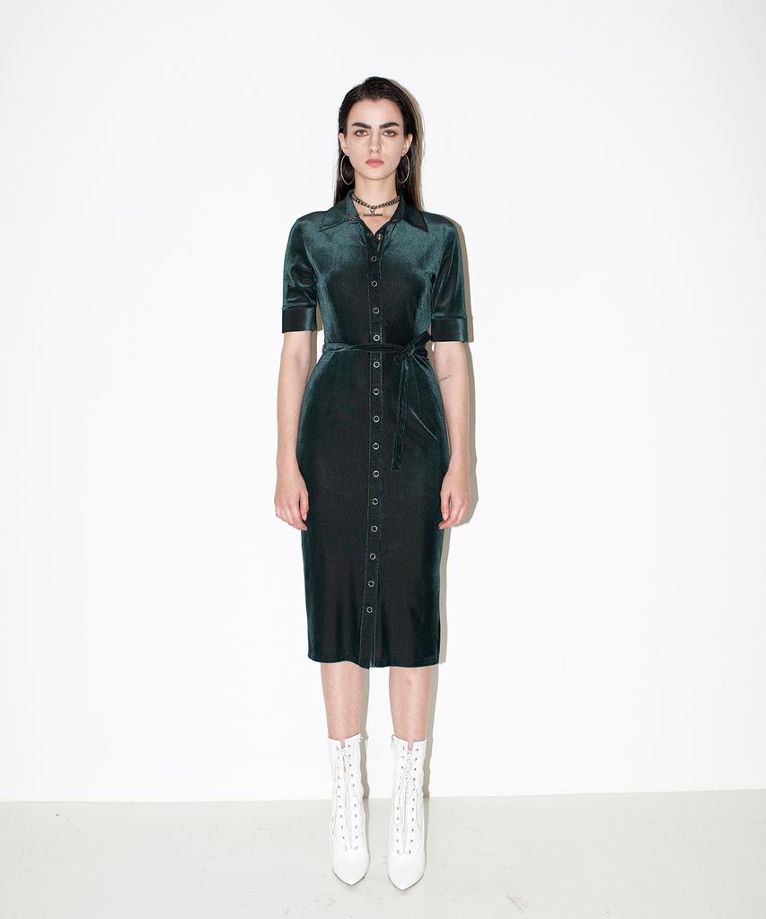 Chaenyuyog Front Open Velvet Dress [Green]
