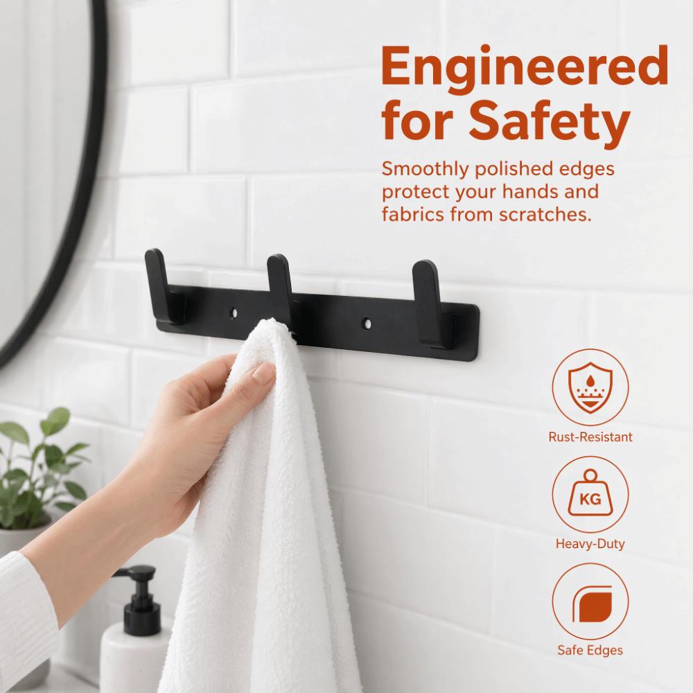 Black Towel Hook Durable Row Hook Modern Wall Hook Rack Kitchen Bathroom Wardrobe Entryway Bedroom