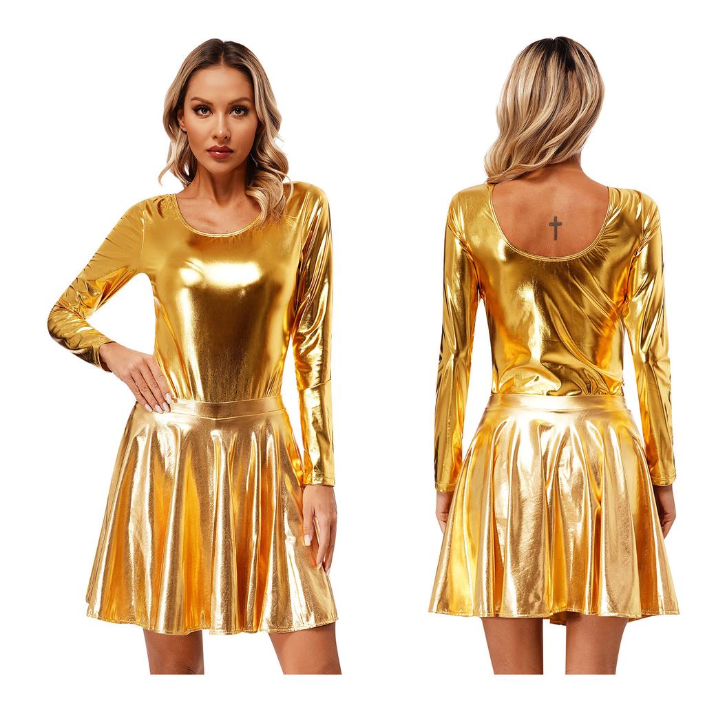 Женский гимнастический купальник с блестящим металлическим оттенком и плиссированные юбки, спортивная танцевальная одежда