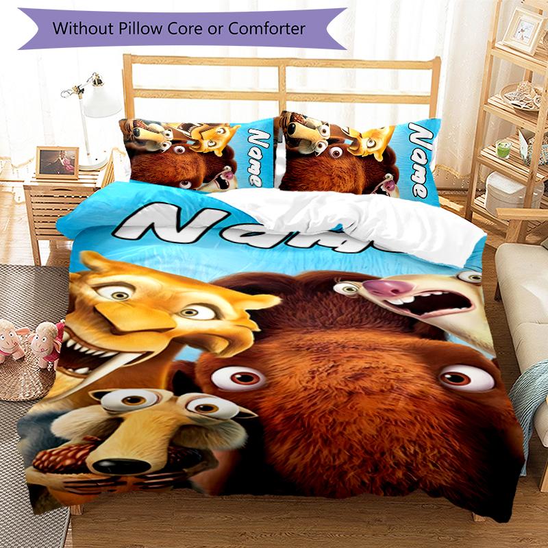 3pcs Custom Name Cartoon Ice Age Dawn of the Dinosaurs Bedding Set Duvet Cover Closure Includes 1 Duvet Cover & 2 Pillowcases for All Seasons Bedroom