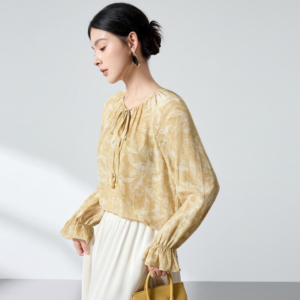 100% Mulberry Silk High-End Shirt, Spring Lantern Sleeves, Double Georgette Tie-Up Print, Women's Top