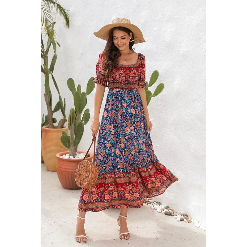 Платья для пляжного отдыха в стиле бохо, платья миди с рукавами-фонариками и одним плечом