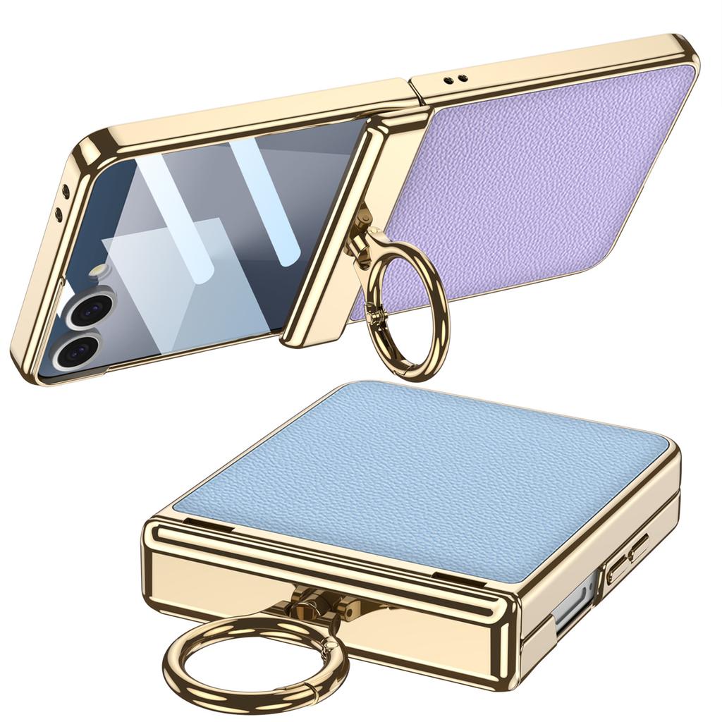 Suitable for Samsung Z Flip7 Mobile Phone Case Magnetic Folding Hinge Plain Leather Pc Electroplate Finger Ring Holder Shell Film Full Packaging