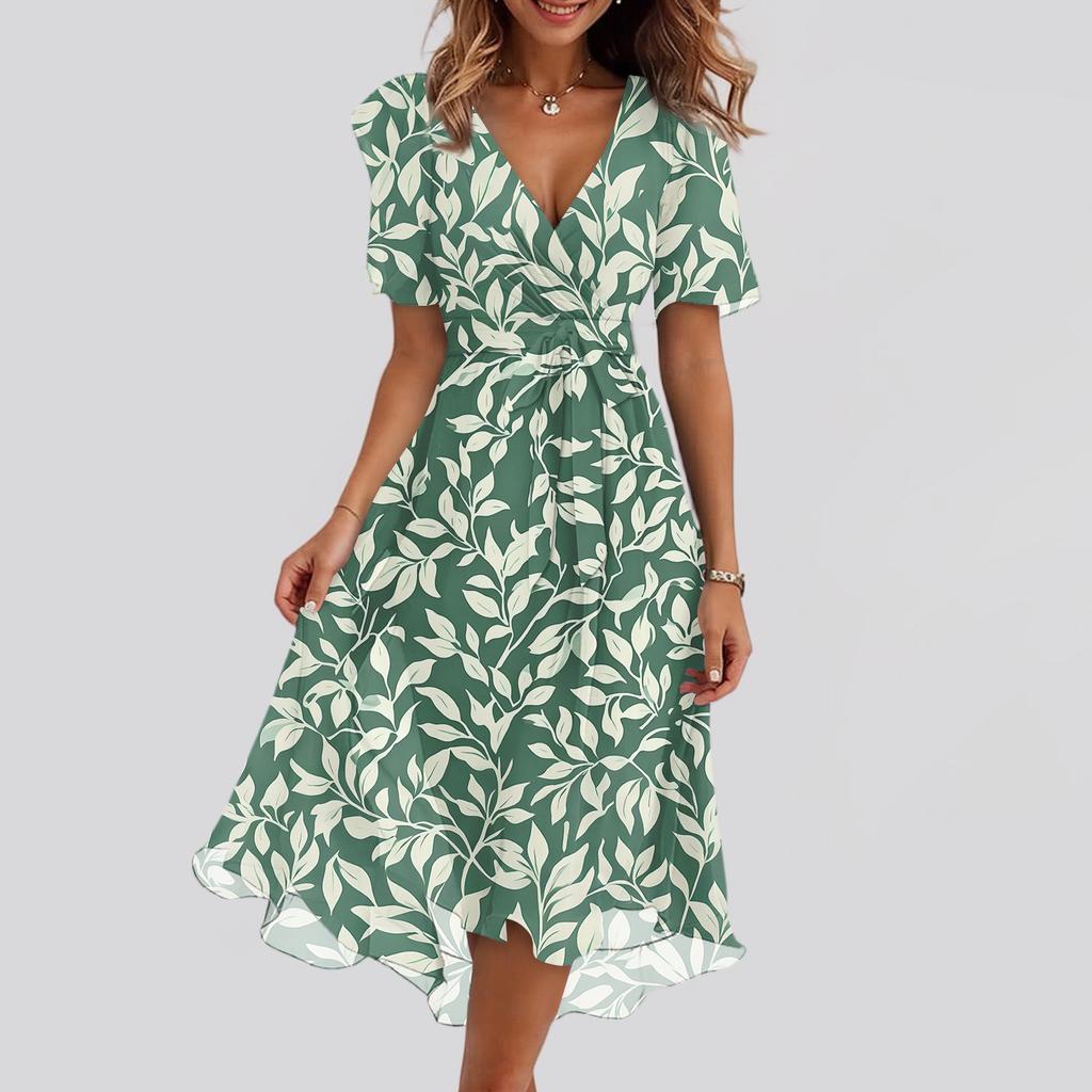 Women's Fashion Casual V Neck Short Sleeve Ruffled Vintage Printed Dresses