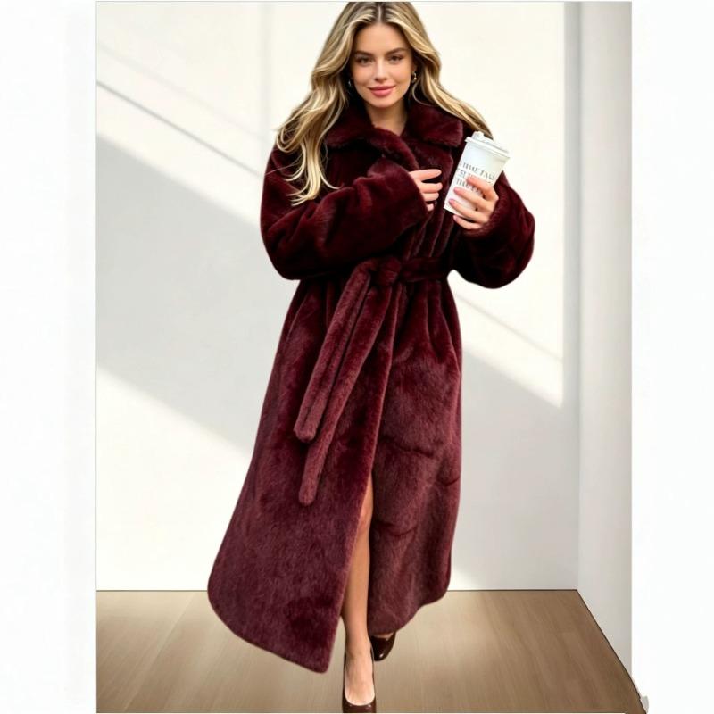 Women's clothing belt thickened warm fluffy jacket environmentally friendly mink fur imitation fur artificial fur extended coat