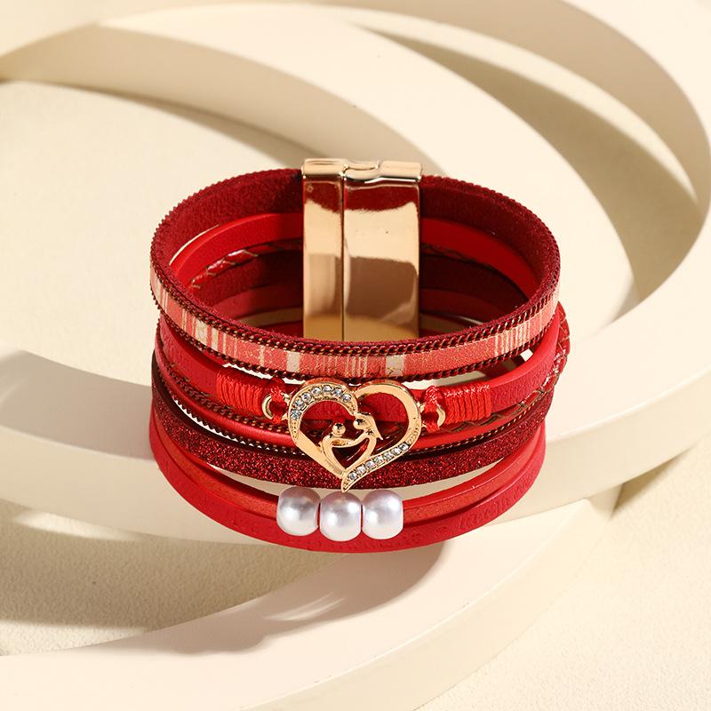 Boho Multi Layer Leather Bracelet for Women Jewelry Cupid Heart Magnet Buckle Holiday Gift