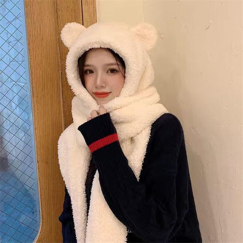 Cute Bear Ear Hat Scarf Gloves Set Winter Women Novelty Caps Warm Casual Plush Hats Casual Solid Fleece Girl Kawaii Accessories