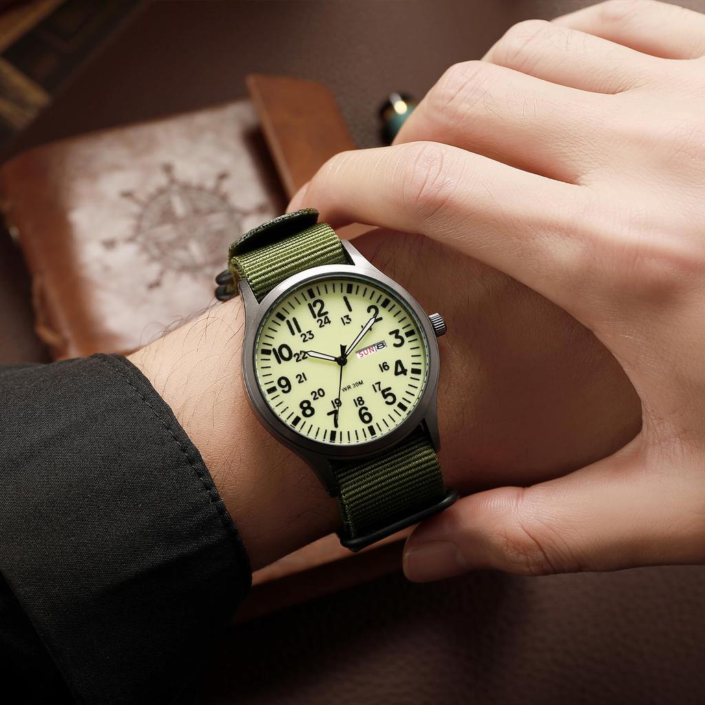 Часы для активного отдыха, кварцевые, с аналоговым дисплеем, нейлоновые, с календарем, светящимся индексом, датой, днем недели, большим циферблатом, водонепроницаемые, зеленого цвета, с днем рождения