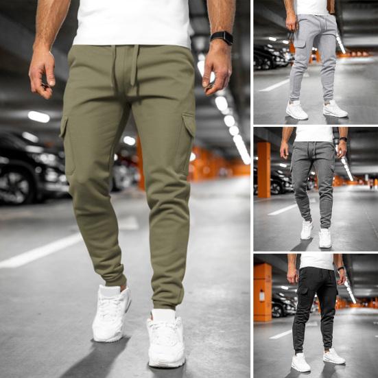 Men Winter Sweatpants Drawstring Waist Fleece-Lined Jogger Pants with Multiple Pockets Solid Color Thick Cargo Pants for Work Street Wear