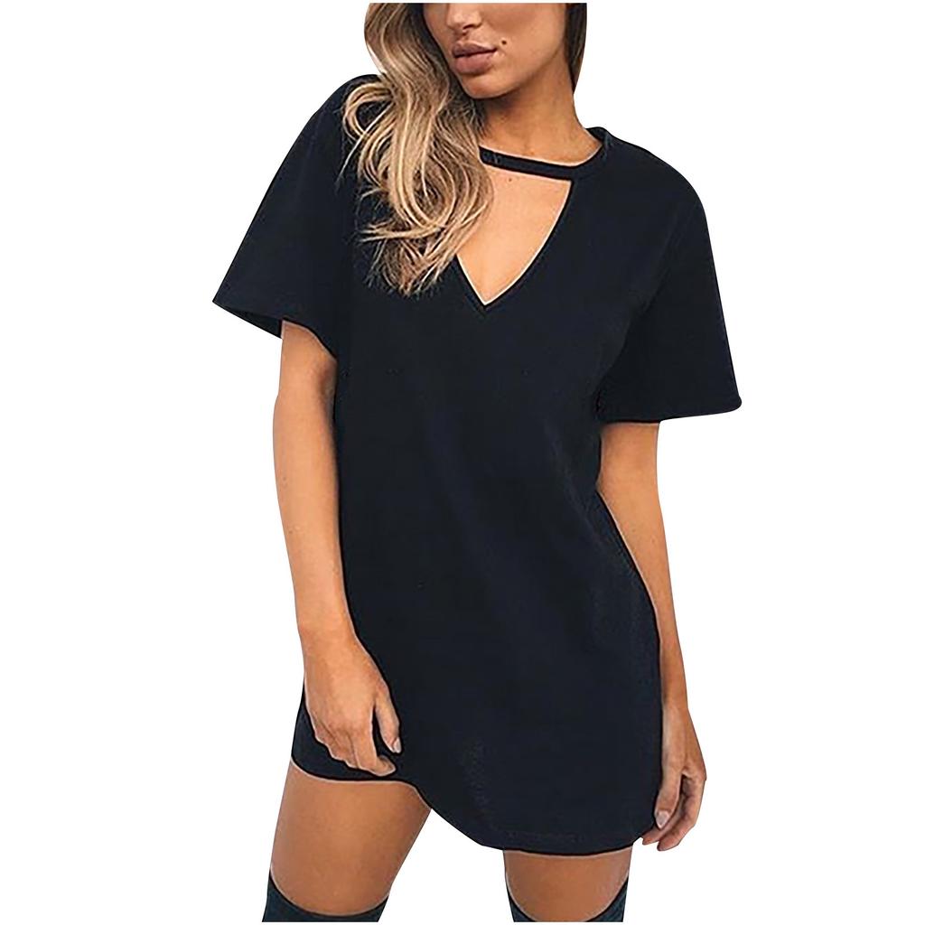 Fashion Women Casual Short Sleeve V-Neck Solid Ladies Hollow Out Mini Dress