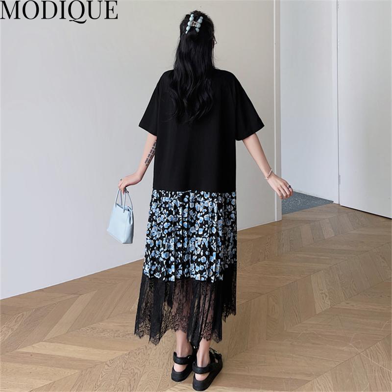 MODIQUE Summer Plus Size Women Loose Versatile A-Line Floral Print Lace Patchwork Pleated Cotton T-Shirt Long Dresses Female Casual O-Neck Dresses