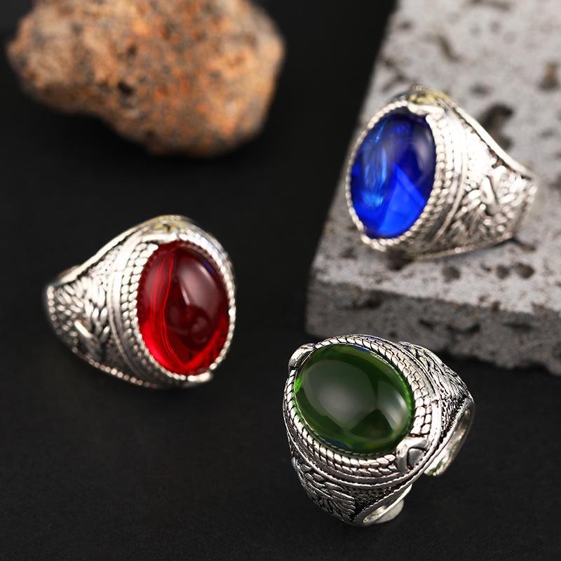 Retro Oval Sapphire Men's Ring: Stylish Open-Band with Electroplated Inlay
