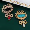 Luxury Vintage Blue Turquoise Black Stone Brooch Accessories Rhinestone Bow Pin Brooch