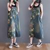 Floral Printed Denim Dress Women Vintage Overalls Dress Female Loose Sleeveless Spaghetti Straps Denim Dress Midi Summer