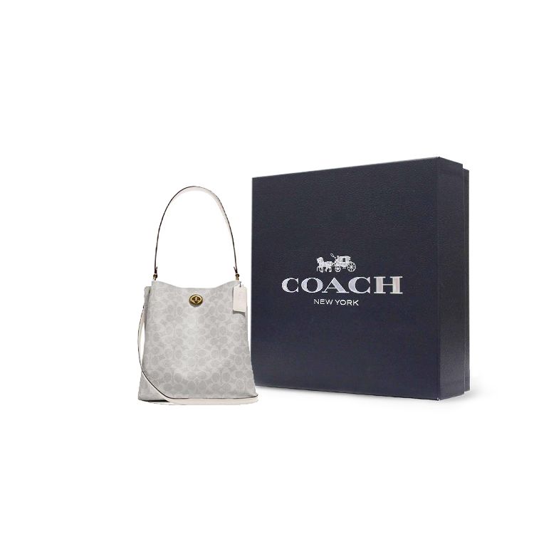 Coach Чарли 26 Модный Принт Монограмма Холст и Кожа Сумка-Ведро Женская Сумка Через Плечо Розовый Белый 89003-B4R7B