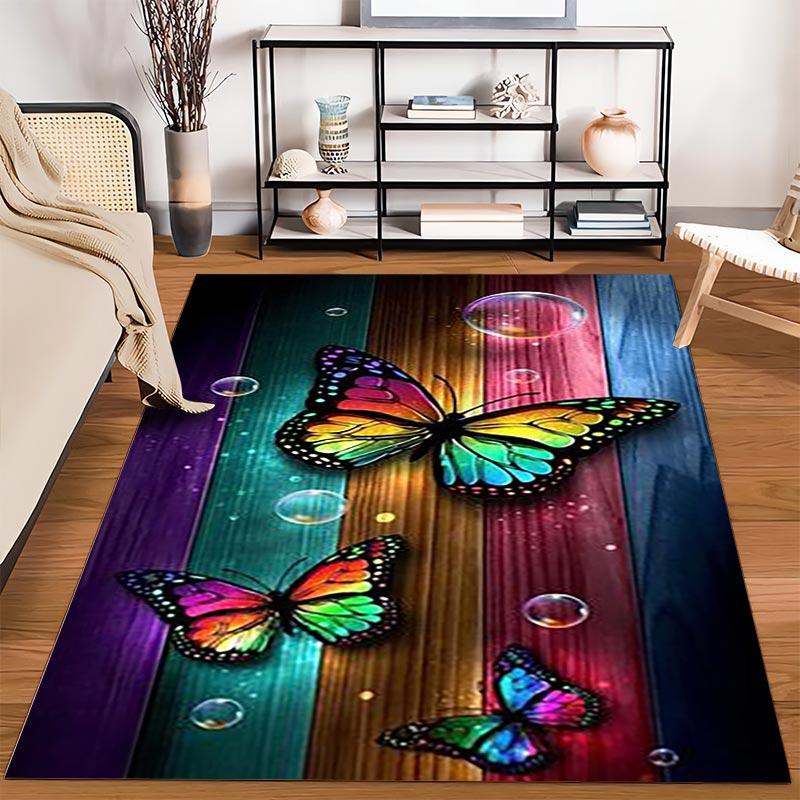 Colorful Butterfly Pattern Carpet with Wooden Background Design Suitable for use as an anti-slip for living room bedroom sofas