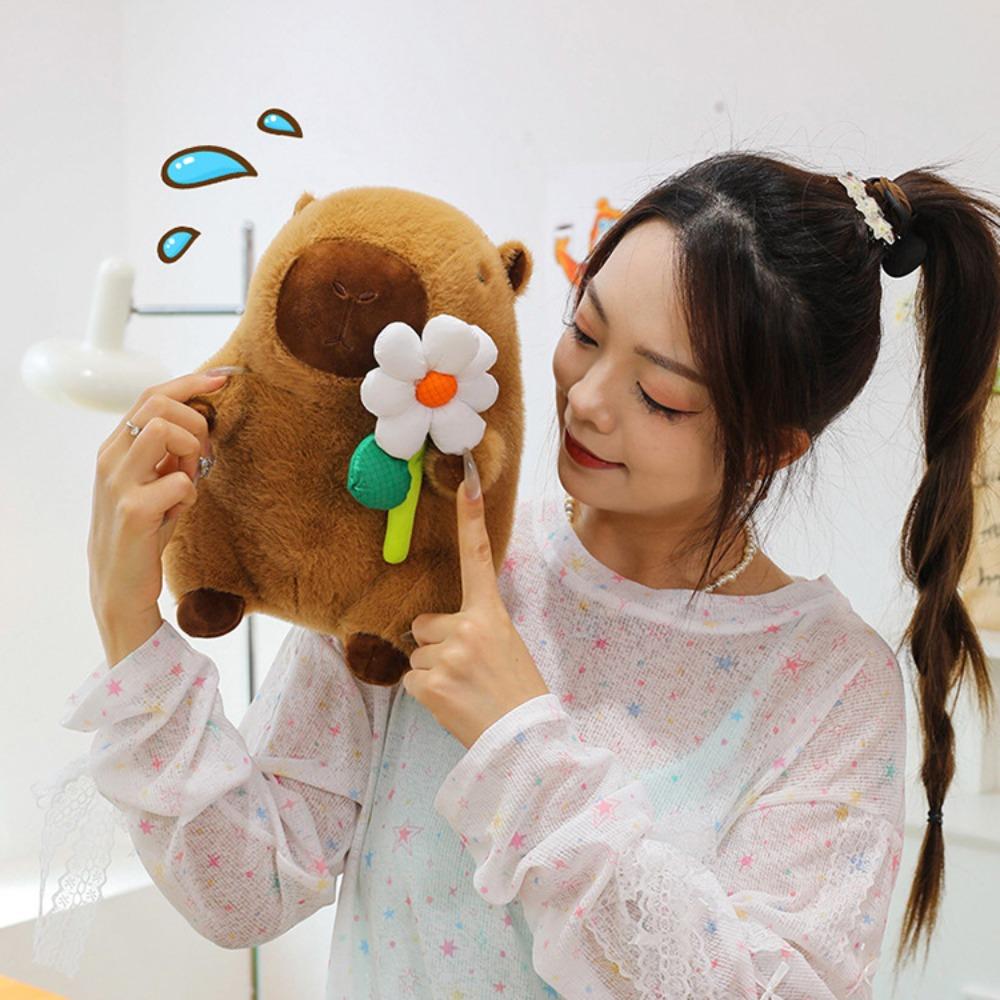 Brown Capybara Plush Doll Fluffy Capybara Stuffed Doll Lovely Flower Capybara Plush Toy  Birthday