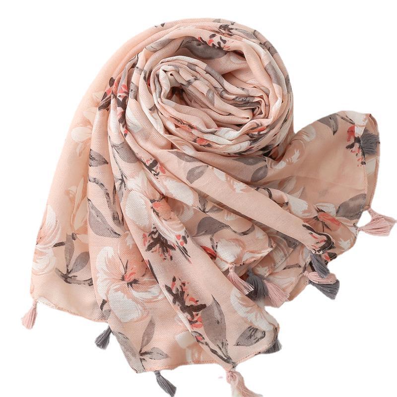 Four Seasons Soft Cotton And Hemp Texture Silk Scarf Women'S Word Pattern Pink Grey Flower Tassel Travel Shawl