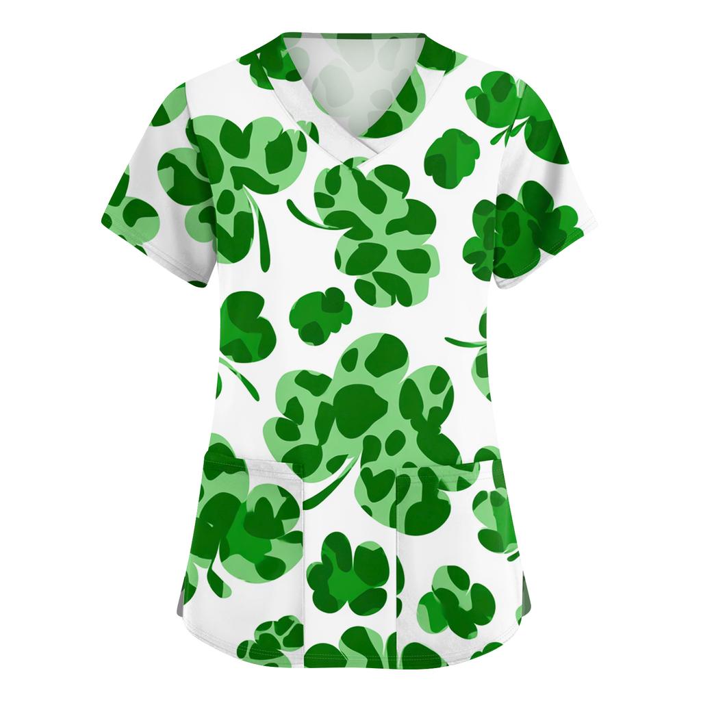 Ladies' St. Patrick Print Fashionable V-neck Pocket Short Sleeved Uniform And Caregiver Top