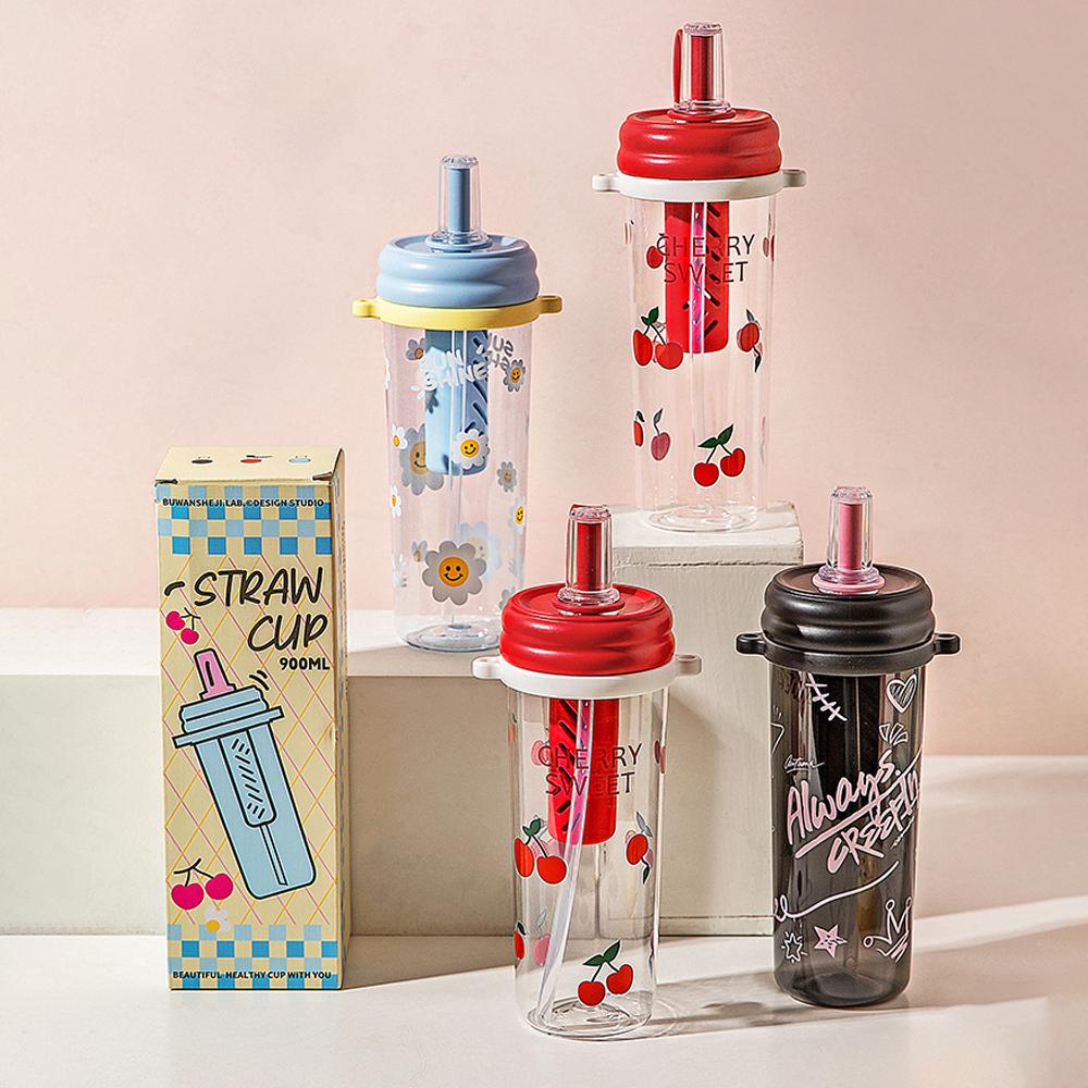 Летний спортивный пластиковый стакан для воды для прогулок, портативный студенческий стакан с соломинкой, мультяшный принт, маленький свежий стакан для воды для дома, 900 мл