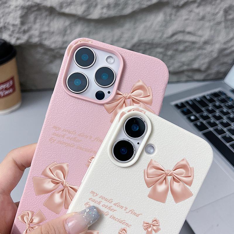 Pink Bowknot Print Soft Matte Case For iPhone 16 Pro Max 15 Pro 14 13 12 11 Solid Color Shockproof TPU Leather Texture Slim Phone Cover