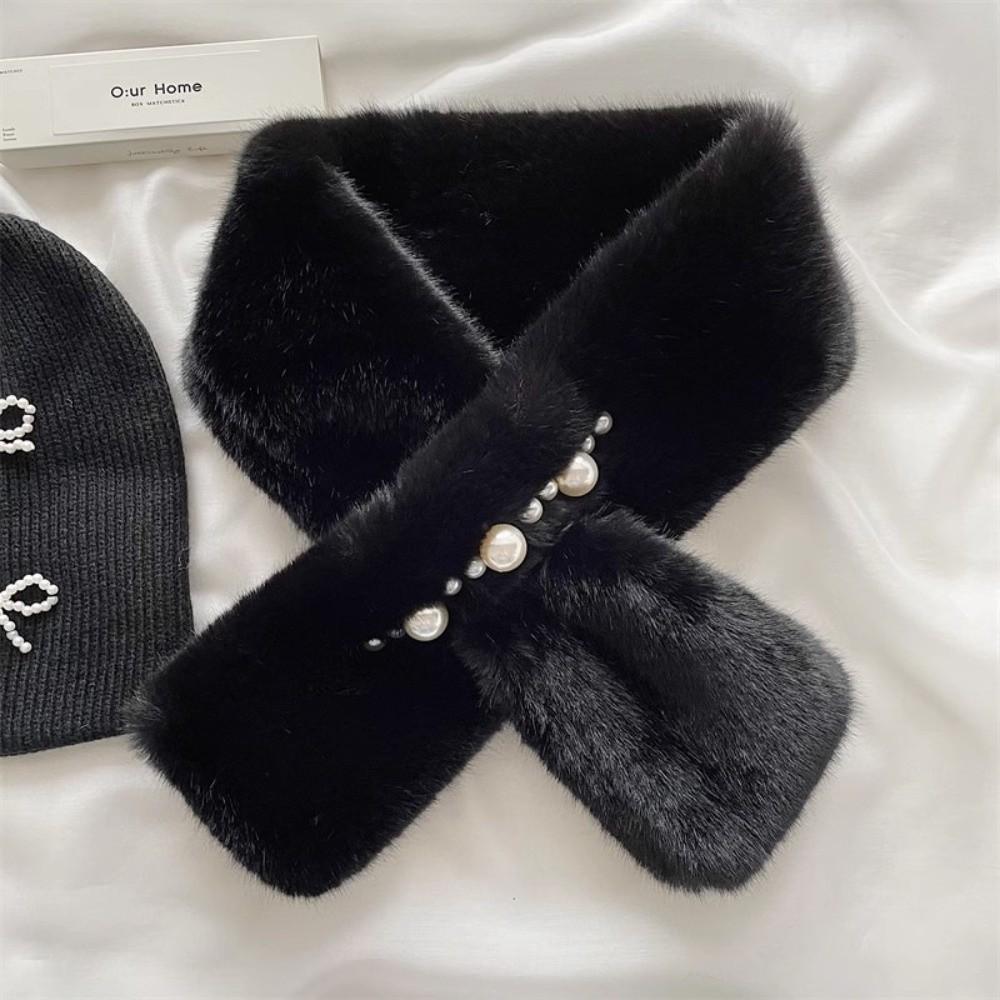 Solid Color Neckerchief Pearl Cross Scarves New Plush Scarf Women