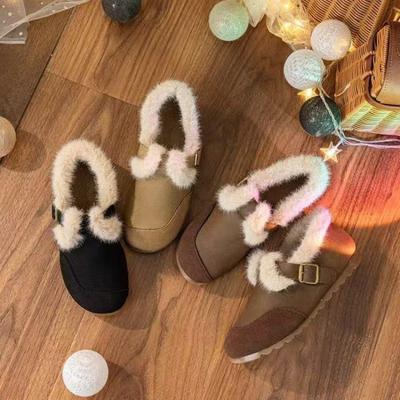 Зимние новые ретро бархатные туфли-бини с круглым носком и плоской подошвой, на одном педале, теплые, женские матовые удобные шерстяные хлопковые туфли