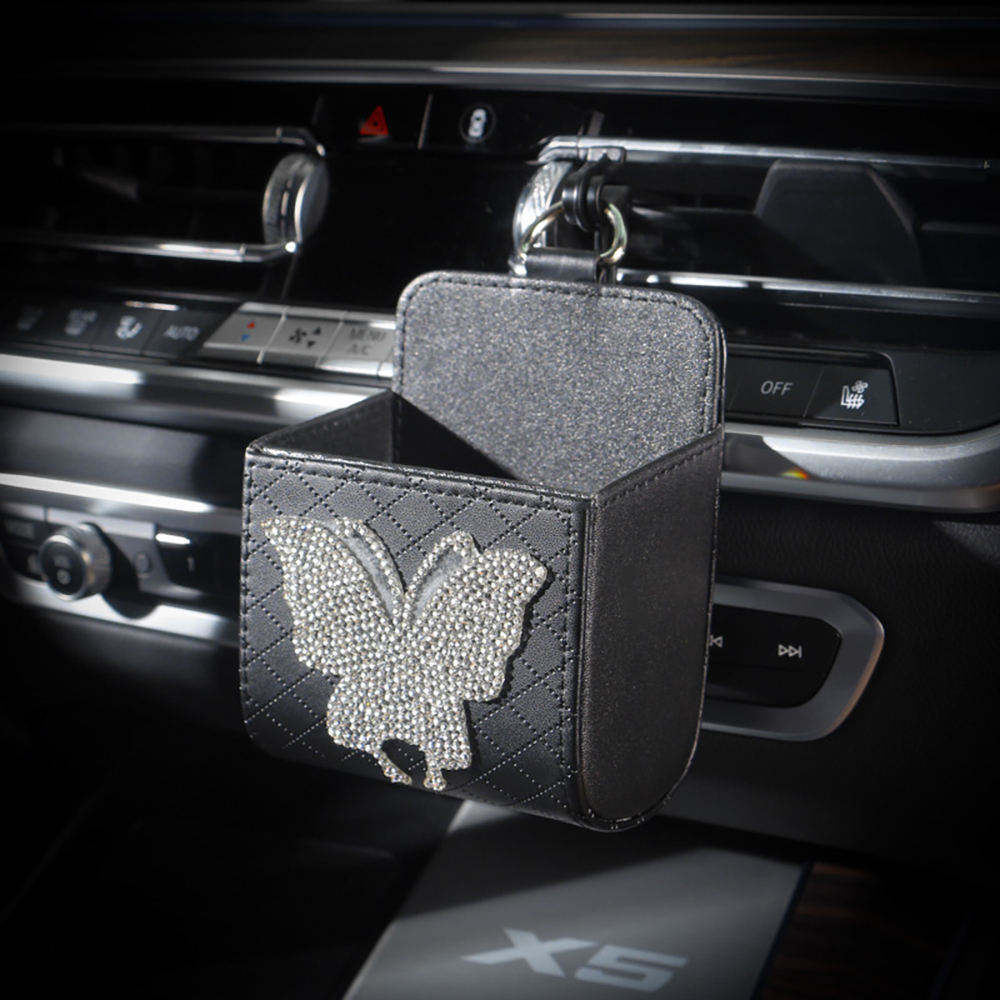 Автомобильная сумка для хранения Bling Butterfly, автомобильный воздуховод, мусорный мешок, органайзер, мобильный телефон, ключ, солнцезащитные очки, вентиляционное отверстие, подвесной ящик для хранения