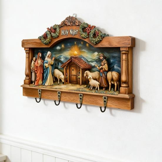 Деревянная христианская ключница 2D плоская Иисус Причастие Арт брелок-подставка с 4 крючками Религиозная настенная ключница для прихожей Домашний декор