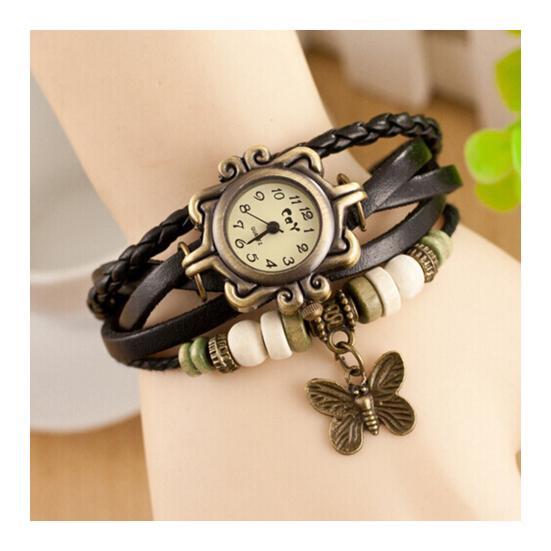 Браслет для часов с подвеской-бабочкой, бусины, плетеный ремешок, ретро, ​​искусственная кожа, многослойный, в богемном стиле, женский браслет, ювелирные изделия на запястье