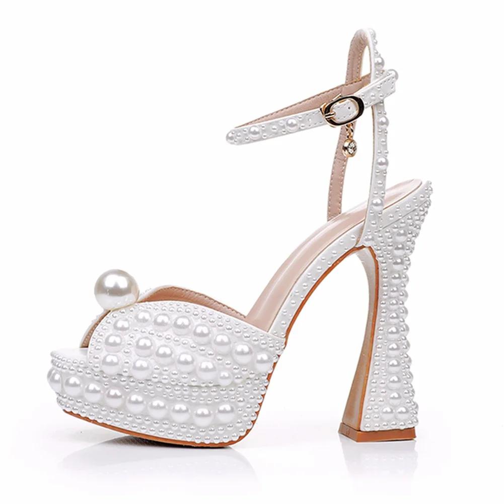 Fashion 2025 New 13cm Handmade Luxury Pearls Thick Heeled Peep toe Women Sandals Summer Fashion Wedges High heels Wedding Banquet Shoes