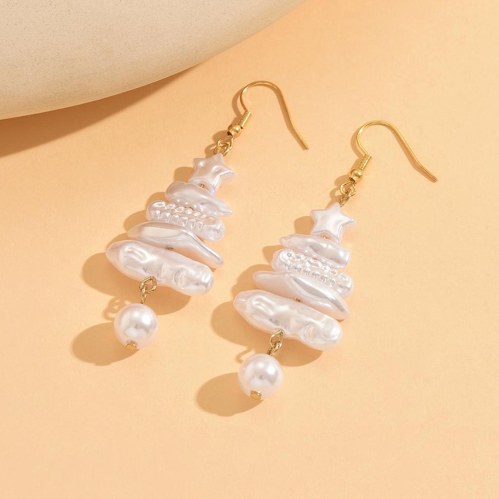 Christmas Baroque Irregular Imitation Pearl Stacked Star Tree Drop Earrings for Women Xmas Tree Earring Holiday Zircon Gift