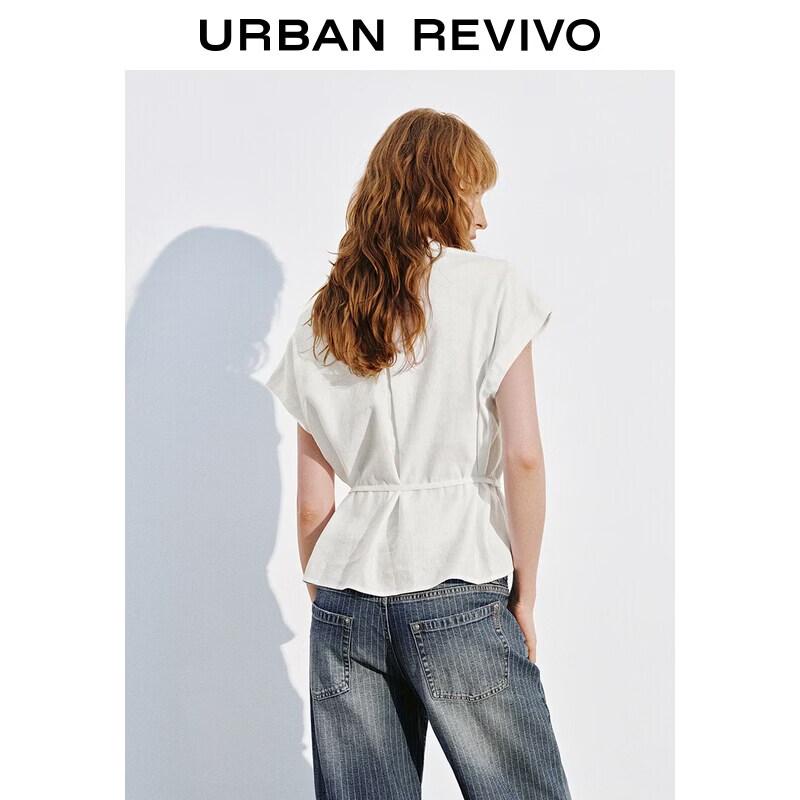 UR2026 Women's Elegant V-Neck Back Slit Linen Blend Shirt