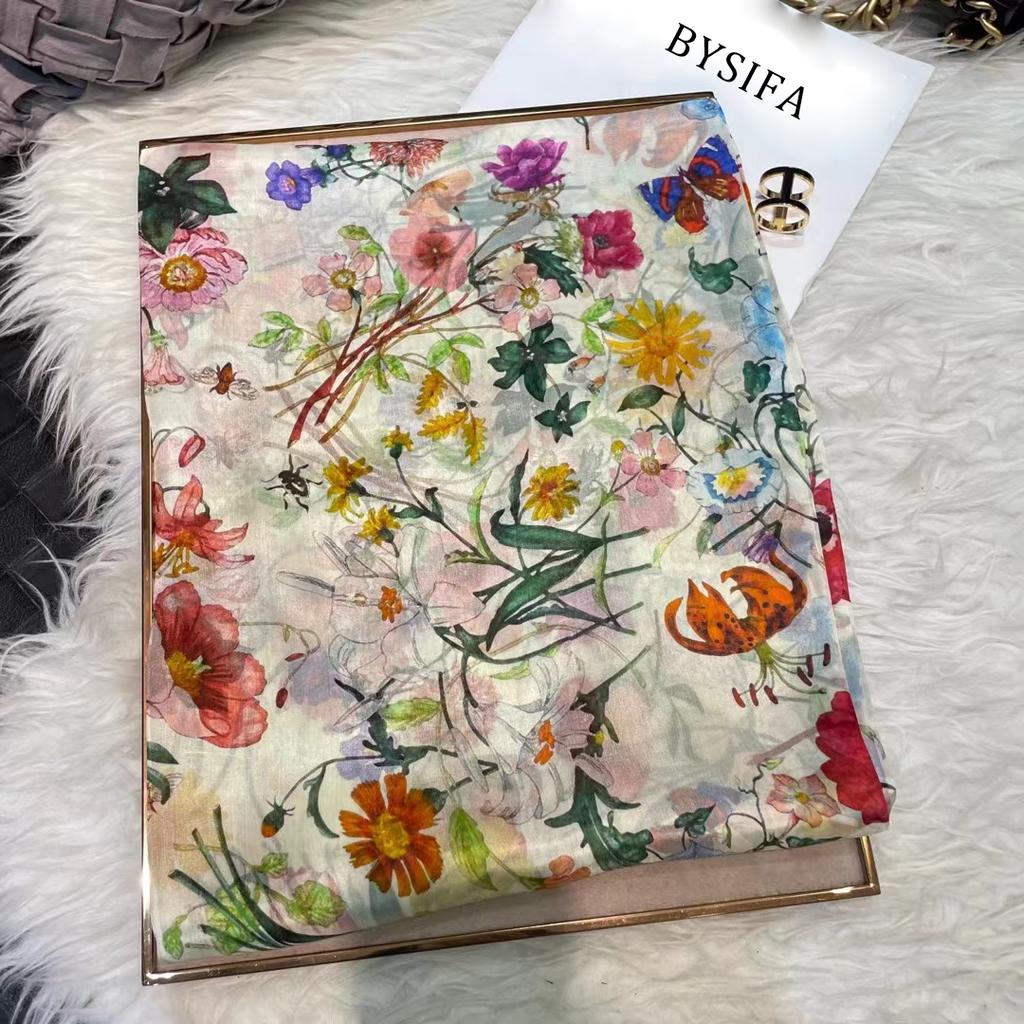 Белый 100% Шелковый Шарф Женские Шарфы Bufandas Летние Пляжные Шали Foulard Осень Зима Цветочный Дизайн Длинные Шарфы на Шею Хиджабы