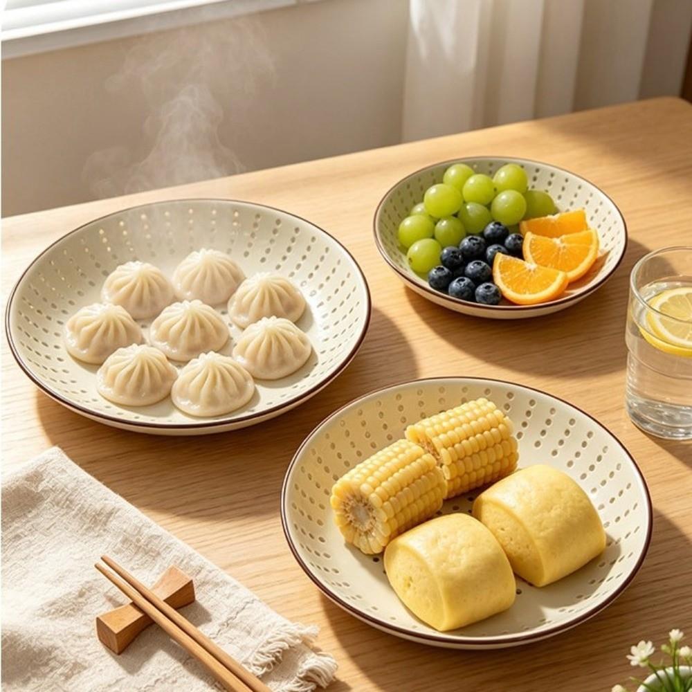 Ceramic Round Steaming Grid Brown Rim Drain Plate Colander Bowl Fruit Vegetable Washing\