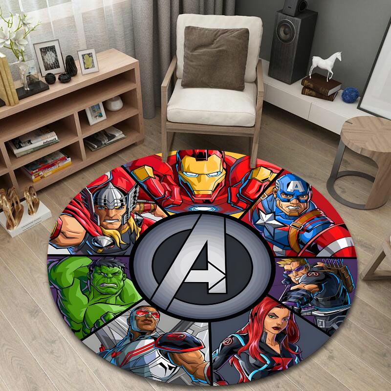 Round Area Carpet Marvel Avengers Heroes Iron Man Captain America Comic Game Room Decor