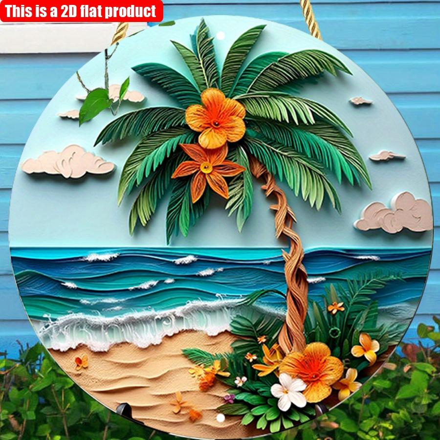 2D Flat 20*20cm1pc Tropical Beach Scenepalm Tree&colorful Flowers&waves Sign Door Signage, Blue Sky Beach Palm Tree Theme Wooden Round Wall Decor