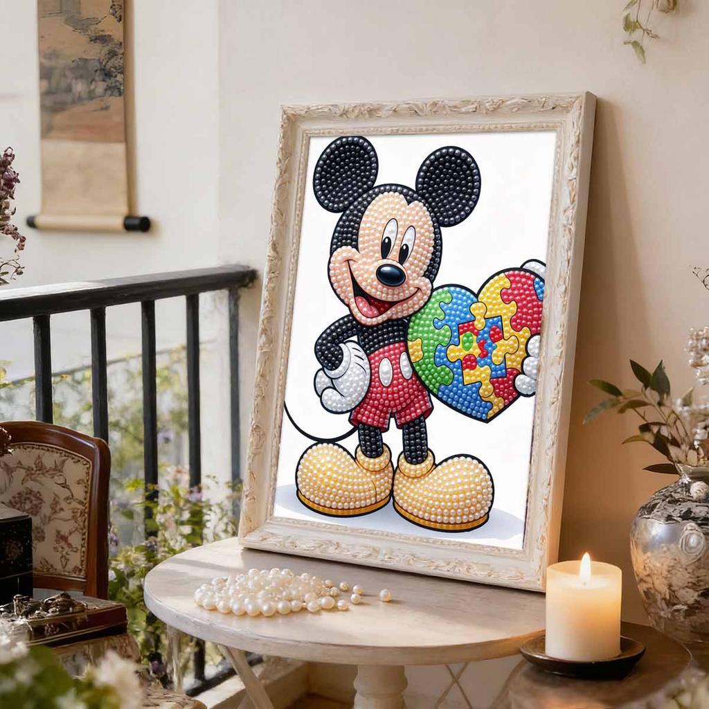 Disney Mickey Series Pearl Inlaid Frameless Art | Creative Rainbow Puzzle Heart | Modern Wall Decor for Adult Lounge & Living Space