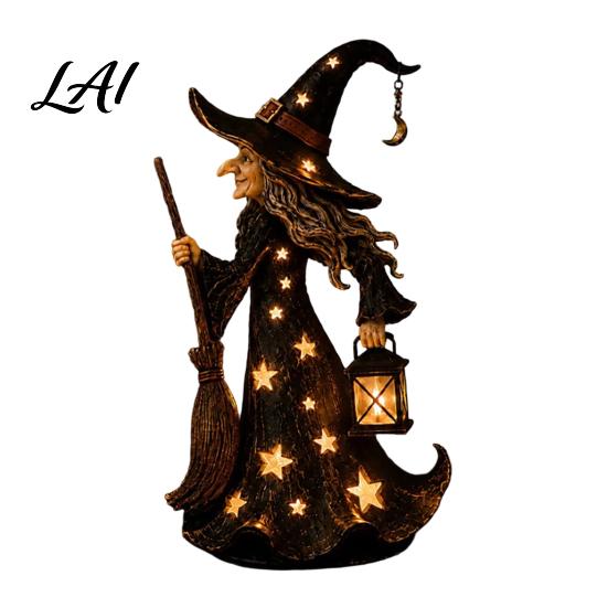 Rustic Festive Desk Accessory Halloween Witch Figurine with Star Light Resin Tabletop Nightlight Lantern Vintage Theme Party Prop Wizard Hat