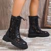Lucyever Сексуальные черные кружевные ботильоны на платформе, женские дышащие сетчатые короткие ботильоны, женские мотоциклетные ботинки больших размеров с молнией сзади