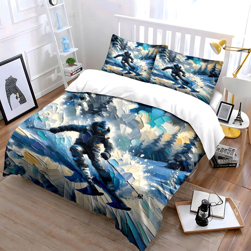 Winter Skiing Sports Art Set Bedding Duvet Cover Set (1*Duvet Cover 2*Pillowcases, without duvet insert)