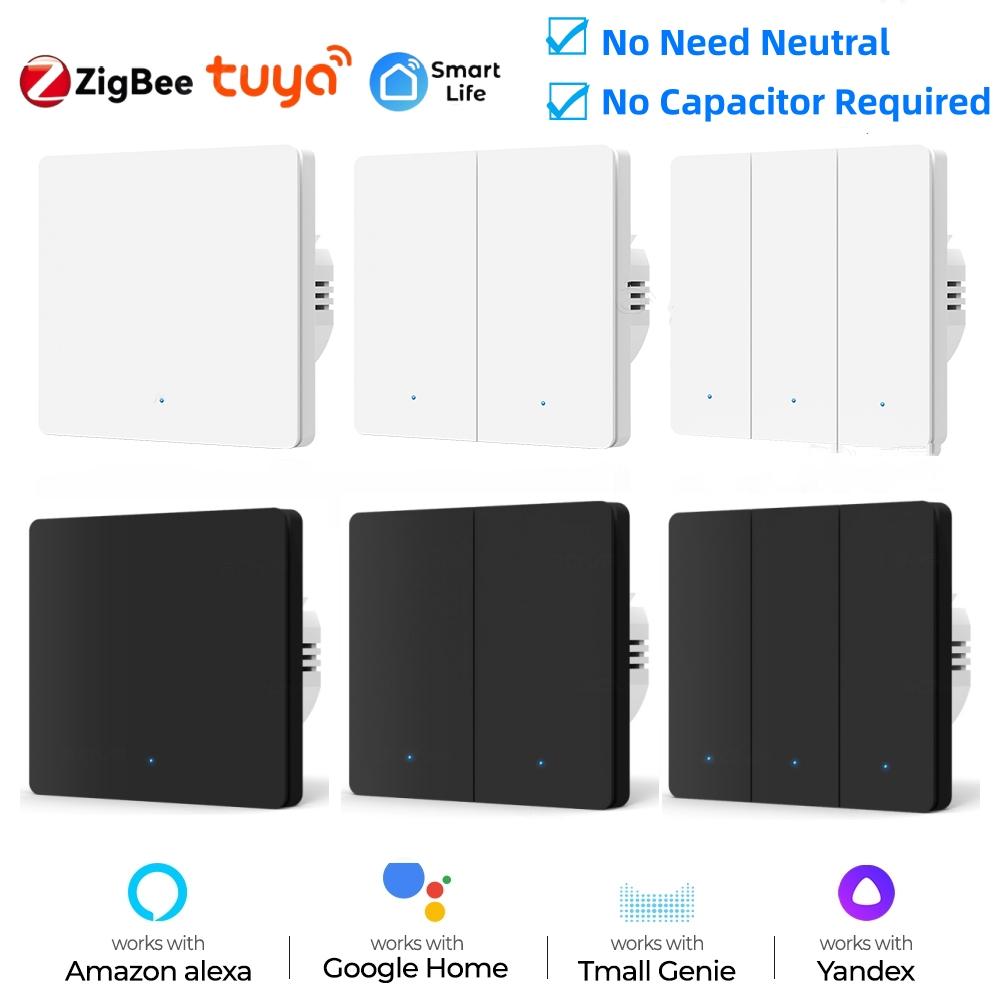 Tuya Zigbee EU Умный выключатель света Без нейтрали Без конденсатора Кнопочный настенный выключатель Smart Life Работает с Alexa Google Home