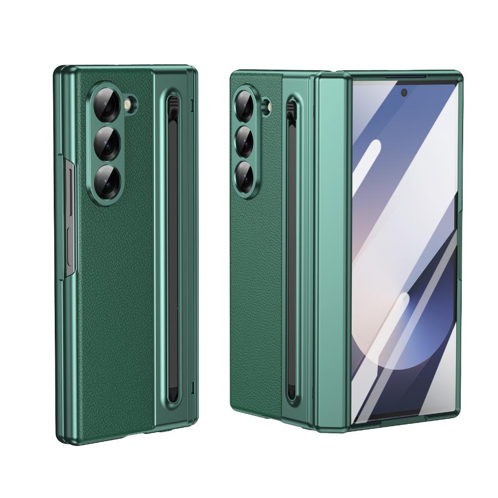 Leather Glass Film Pen Slot with Pen Phone Case for Samsung Galaxy Z Fold 6 5 4 3 Fold6 Fold5 Hinge Protection Shockproof Cover