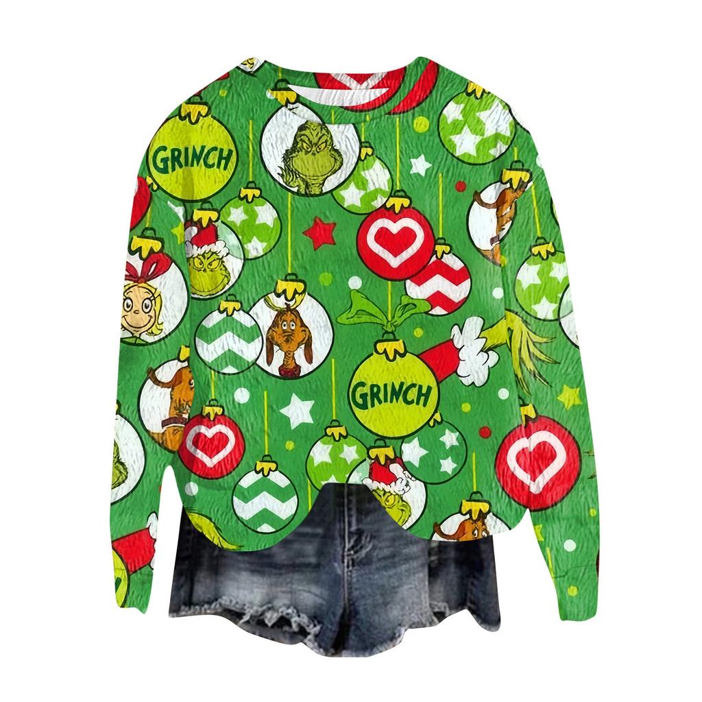 Women's Fashion Round Neck Pullover Top Long Sleeve Tee Christmas Printed Sweatshirt