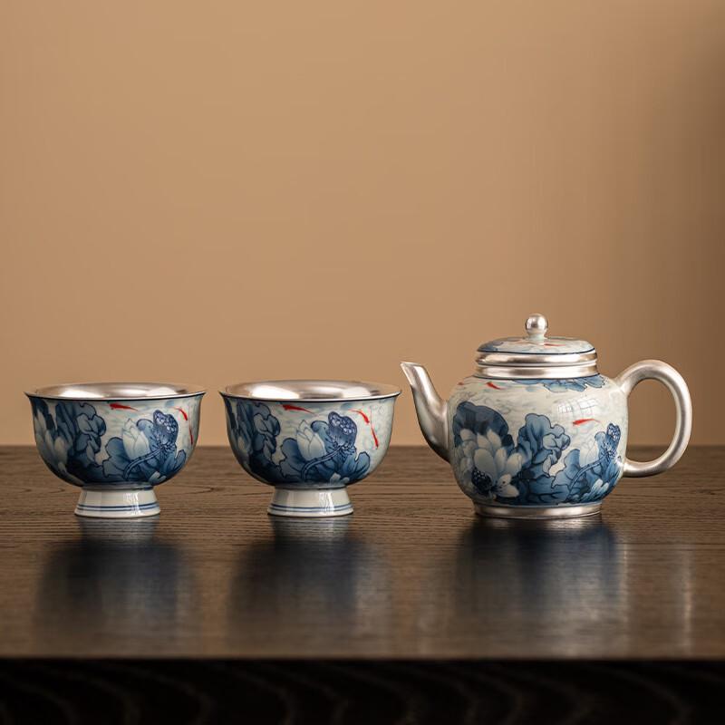 Gilded Silver Lotus Blue & White Porcelain Tea Set