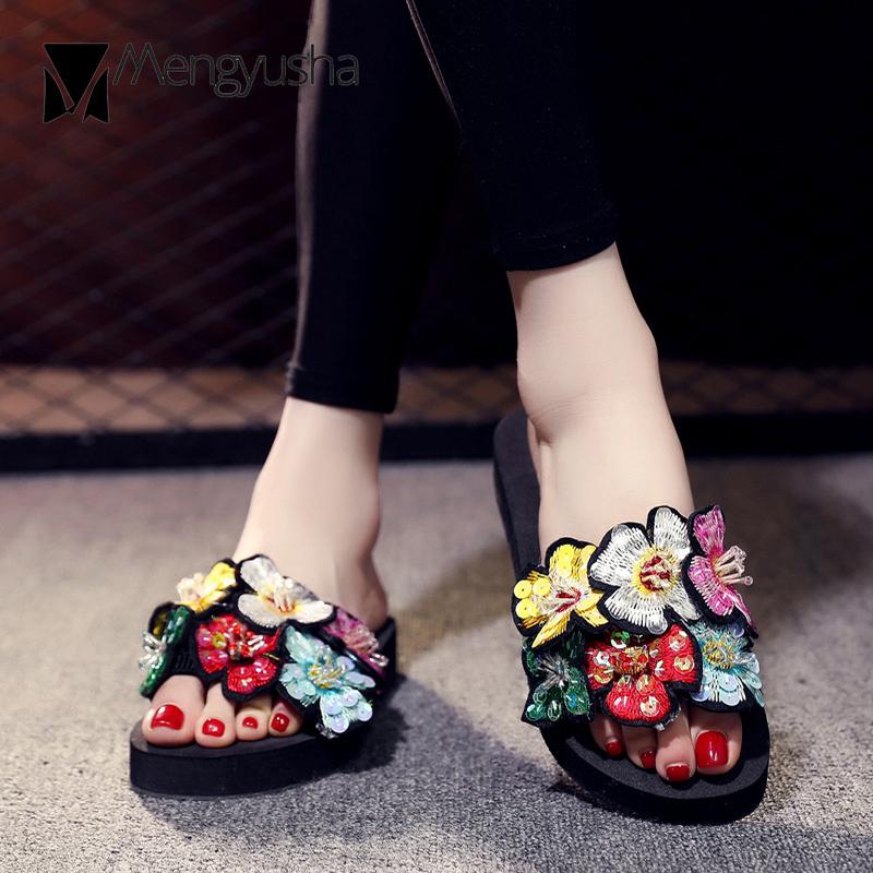 Fashion Colorful Floral Beach Slippers Woman Platform Sandalias Cozy Slip On Shoes Woman Flipflops Mujer Bling Size 35-42 Slides