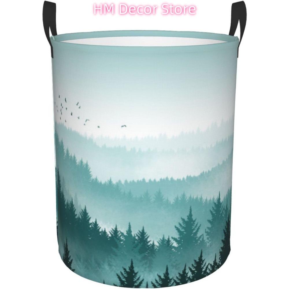 Pine Forest in Green Mountains Laundry Basket Waterproof Oxford Cloth Organizer Basket Collapsible Clothes Hamper with Handle To