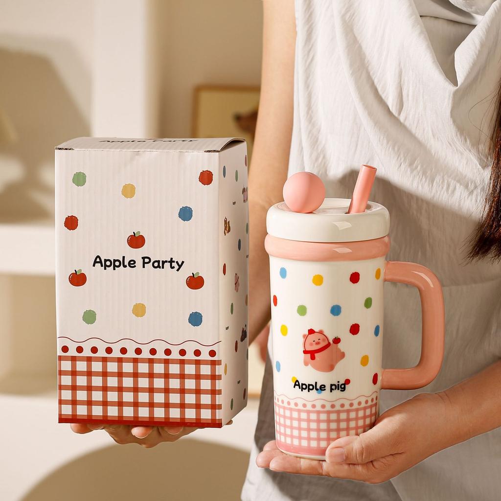Large Capacity Summer New Straw Cup Ceramic Kettle Cup with Lid Cartoon Mug Water Cup